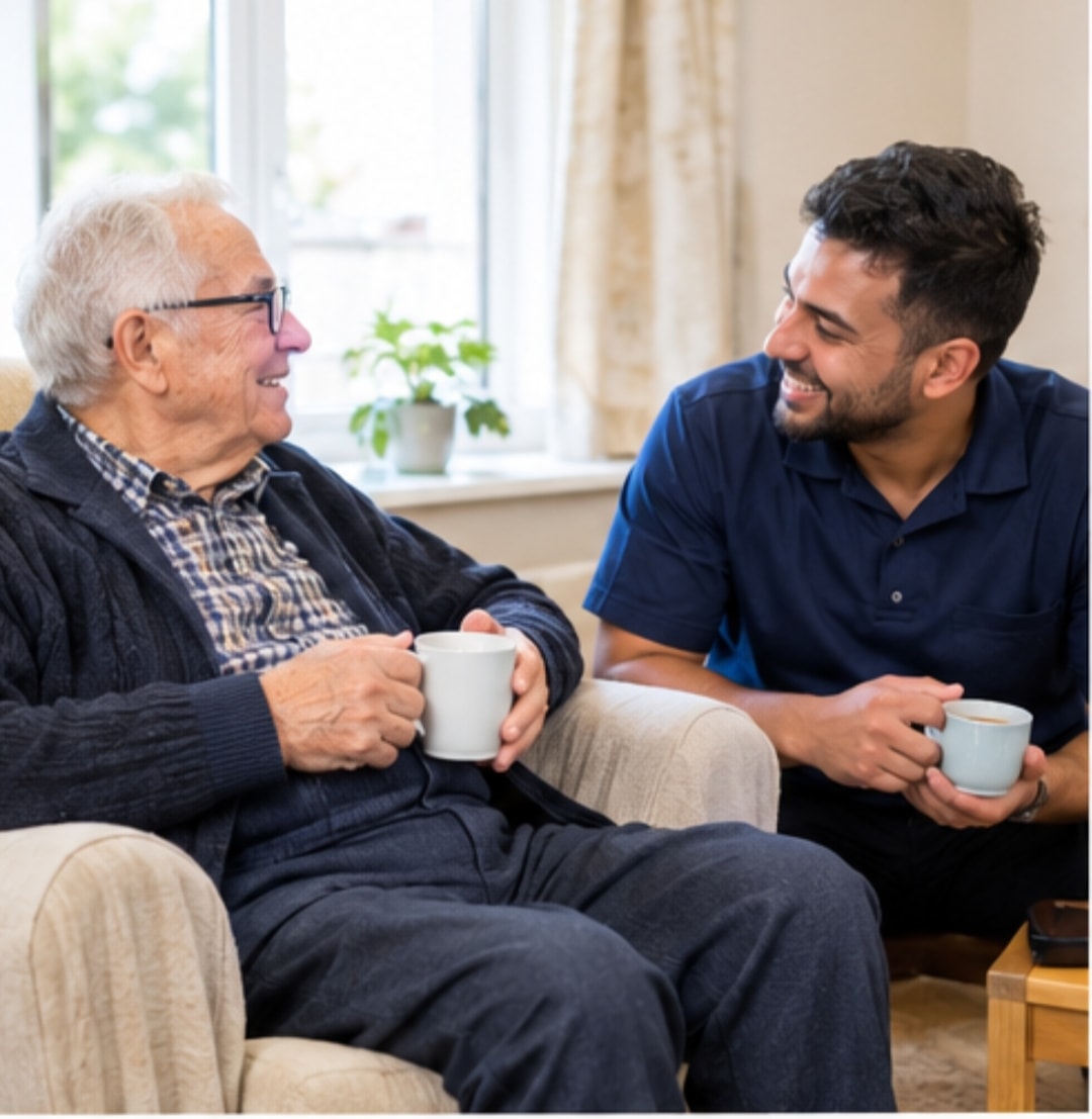 Carer and elderly man enjoying a cup of tea together at home