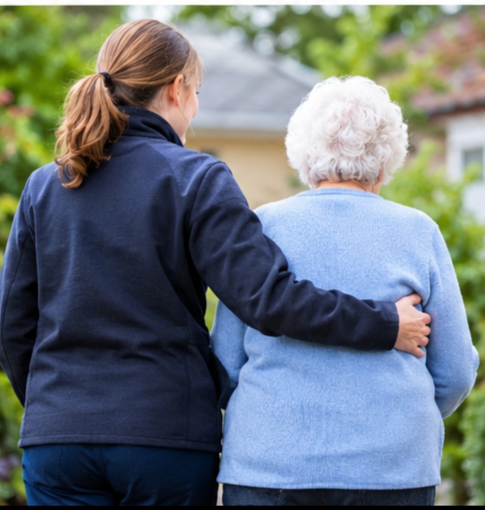 Carer walking arm in arm with elderly woman outdoors