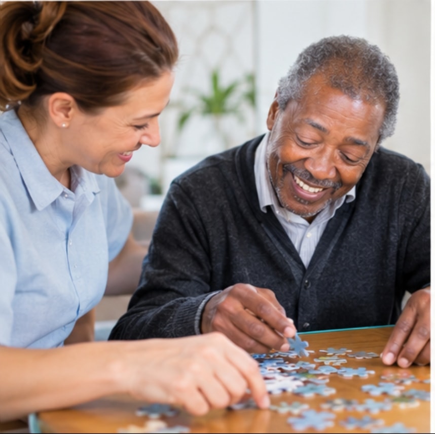 Carer and elderly man enjoying a jigsaw puzzle together at home