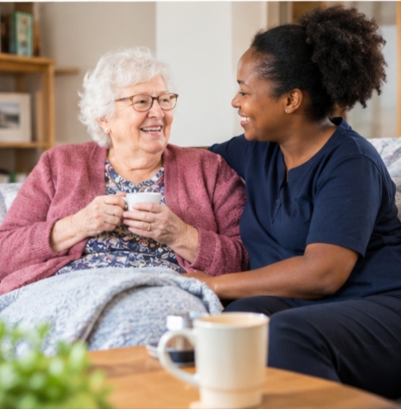 Carer and elderly woman sharing a warm moment over tea at home