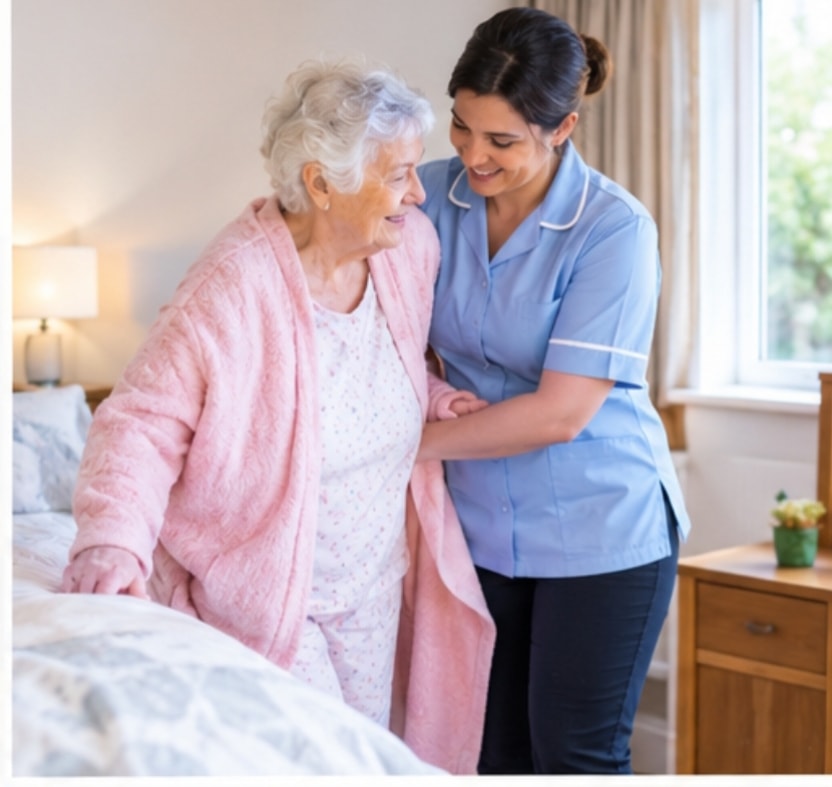 Elderly woman smiling warmly at home